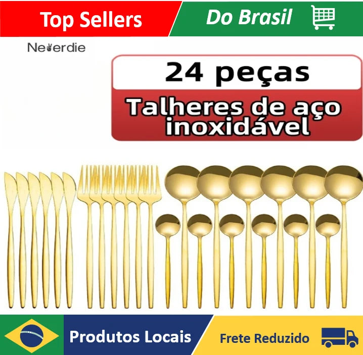 Conjunto de Talheres em Aço Inoxidável 24 Peças - Facas, Garfos e Colheres para Cozinha - Sem Estojo