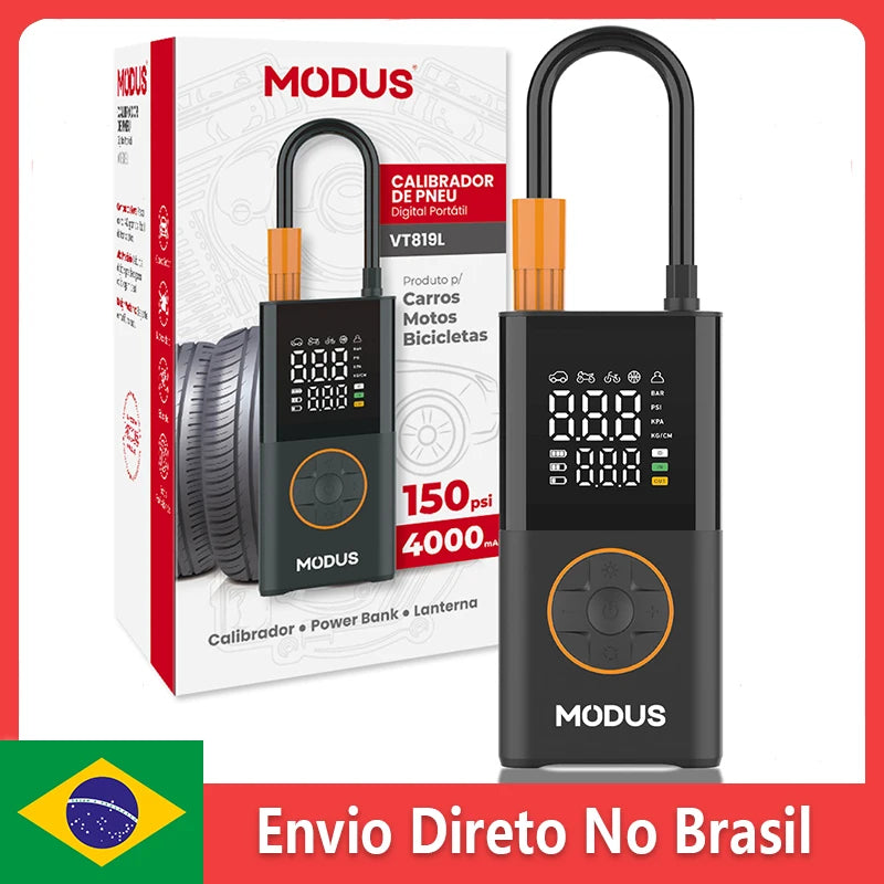 Mini Bomba de Ar Portátil Recarregável, Compressor de Ar Sem Fio, Enche Pneus com Calibrador Integrado e Luz de Emergência LED