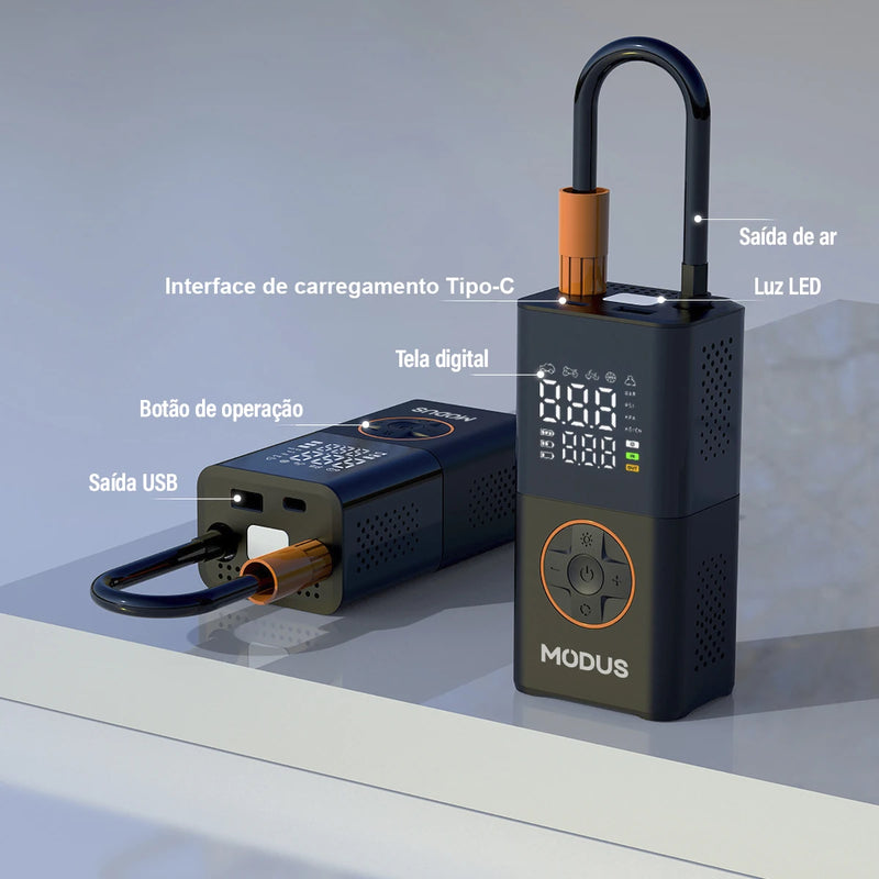 Mini Bomba de Ar Portátil Recarregável, Compressor de Ar Sem Fio, Enche Pneus com Calibrador Integrado e Luz de Emergência LED